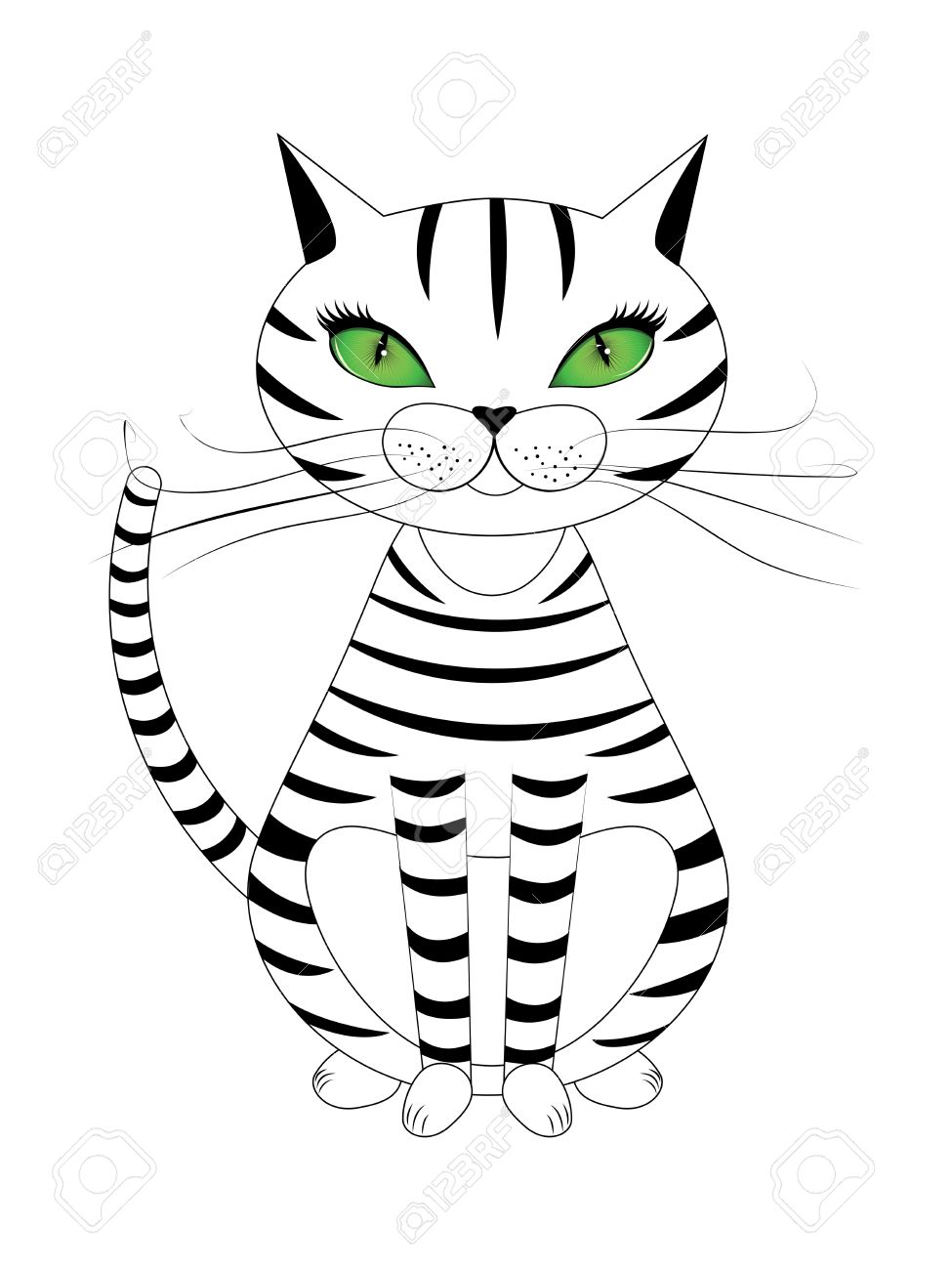 975x1300 Cartoon Striped Cat In Black And White With Green Eyes. Royalty