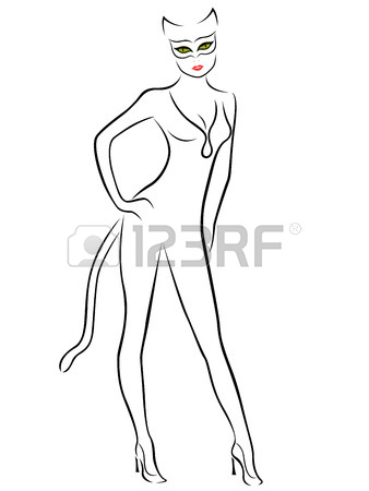 338x450 Cat Woman Black Contour With Green Eyes In Mask, Hand Drawing