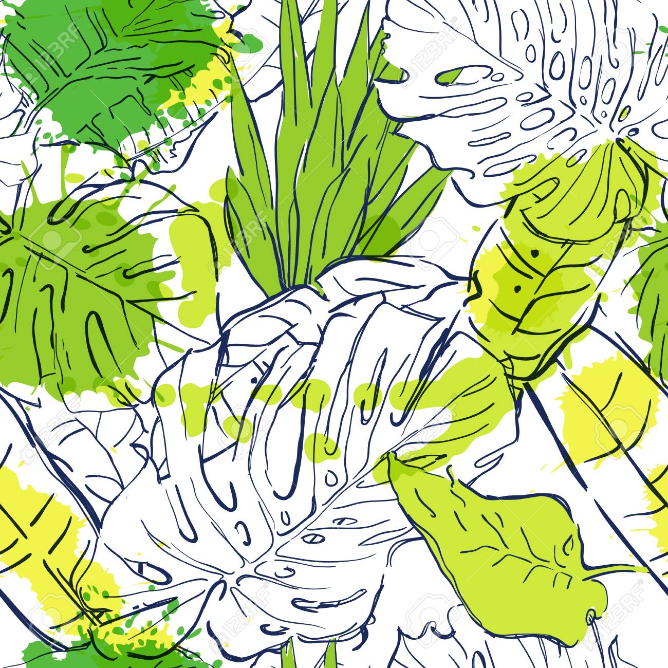 1300x1300 Vector Seamless Pattern With Outline Tropical Palm Leaves