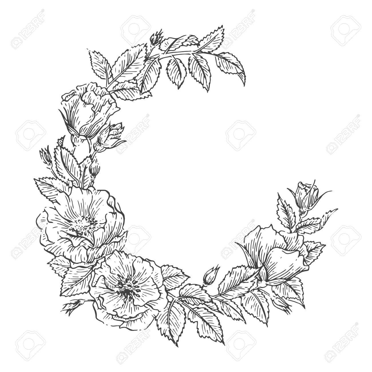 1300x1300 Hand Drawn Sketch Garden Floweral Wreath. Vector Greeting Card