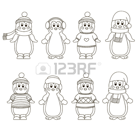 450x450 Cute Hand Drawn Penguins Set. Merry Christmas Greetings Royalty