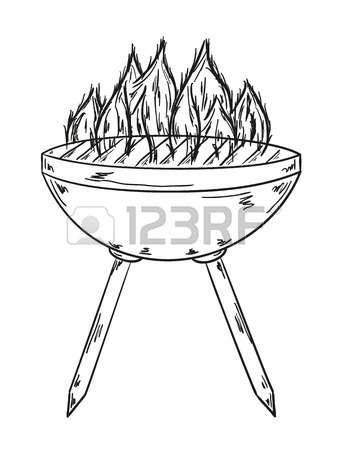 347x450 Sketch Of The Grill With Big Flames On White Background Royalty