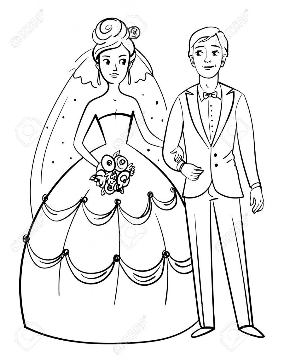970x1237 Coloring Bride And Groom Front View Funny Cartoon Character