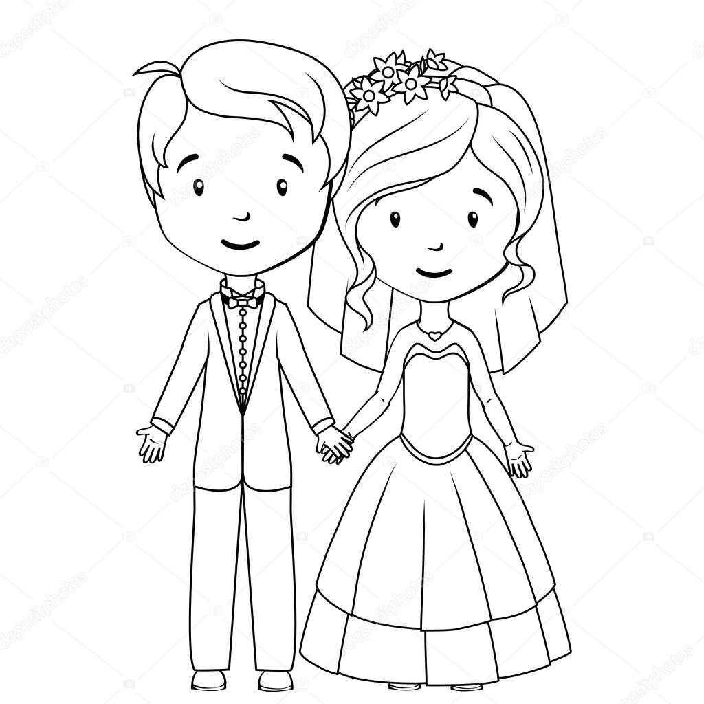 1024x1024 Coloring Book Cartoon Groom And Bride Stock Vector