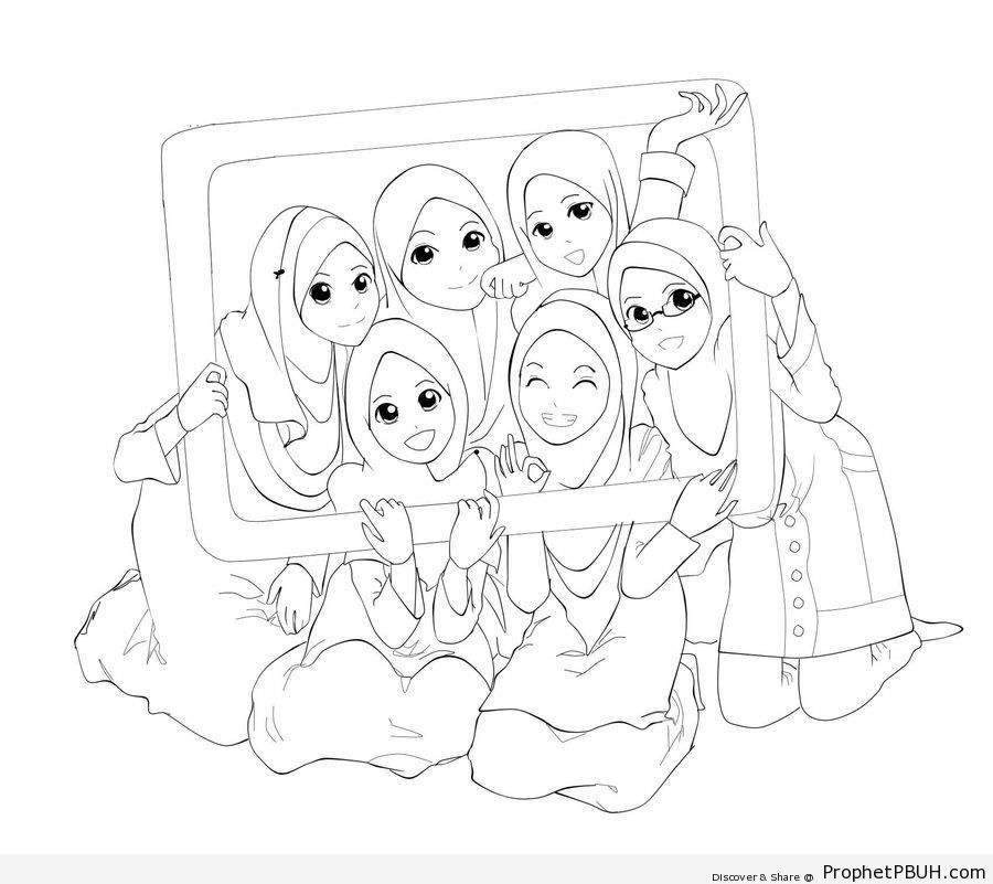 900x801 A Happy Group Of Manga Muslim Girls (Line Drawing) Drawings