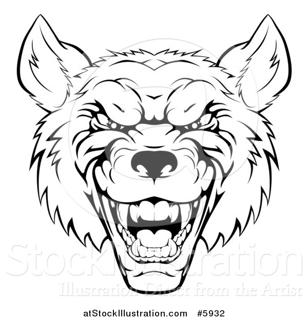 600x620 Vector Illustration Of A Growling Black And White Aggressive Wolf