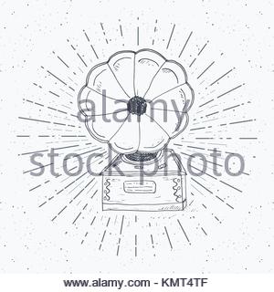 300x320 Gramophone Vintage Label, Hand Drawn Sketch, Grunge Textured Retro