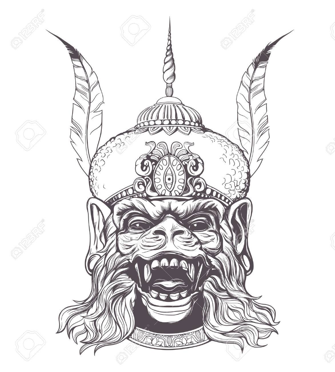 1172x1300 Hand Drawn Indian God Hanuman With The Monkey Face On A White