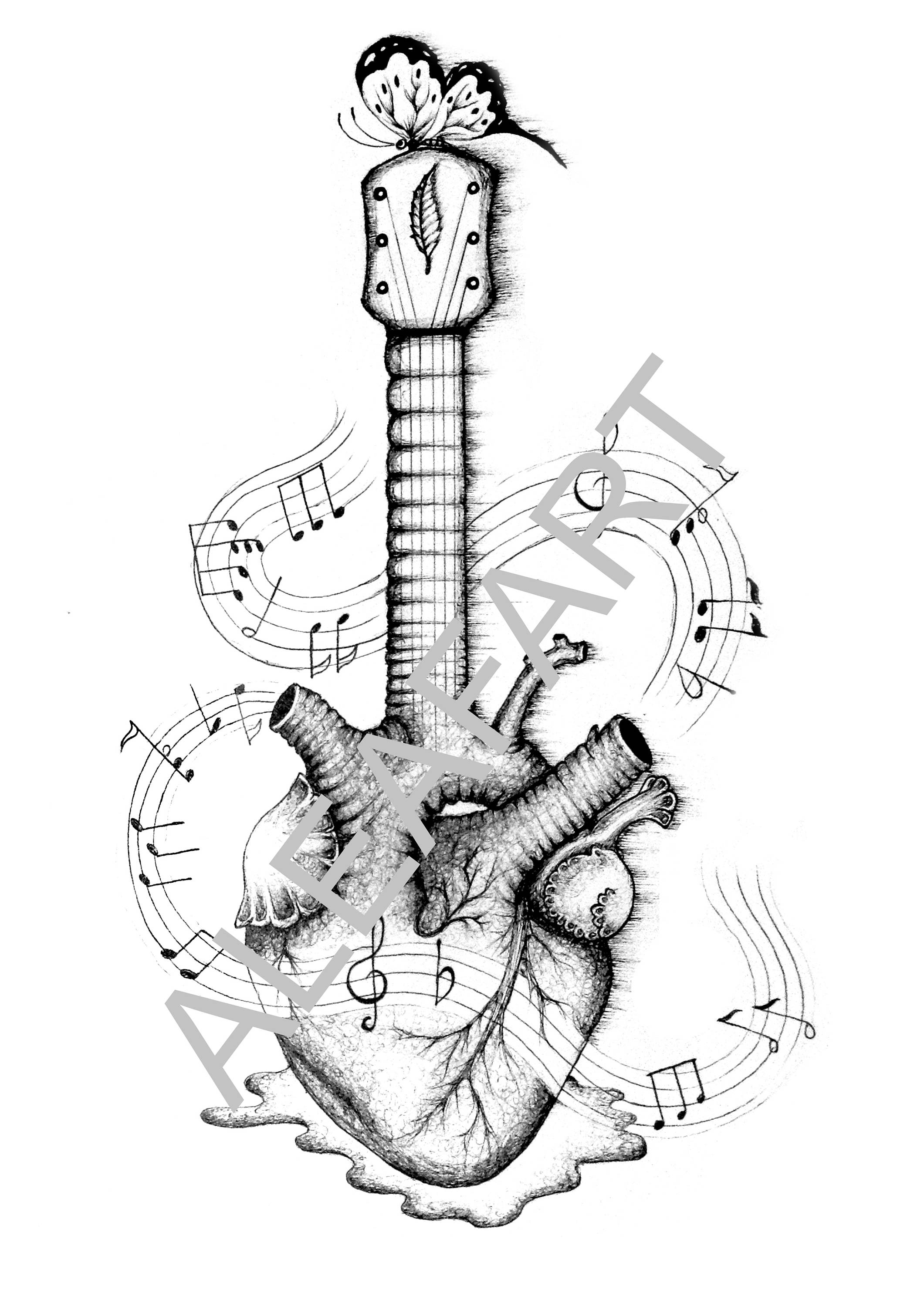 2121x3000 Guitar Heart Drawing Original Digital Download