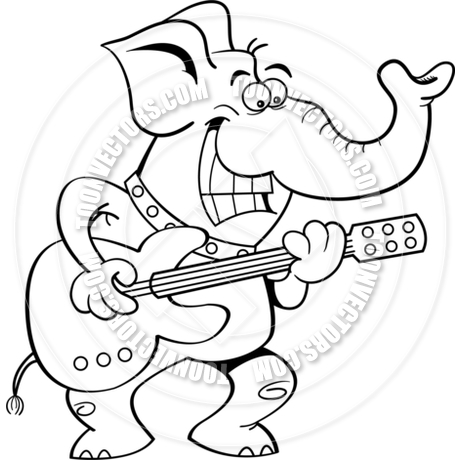 460x460 Cartoon Elephant Playing A Guitar (Black Amp White Line Art) By