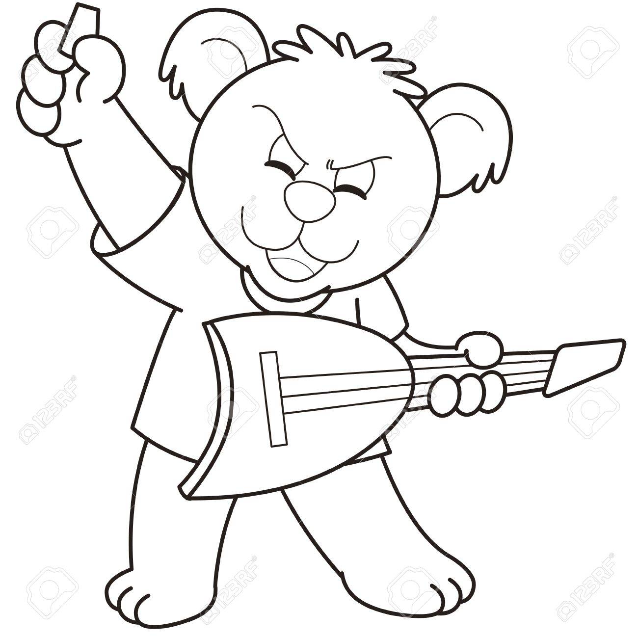 1300x1300 Cartoon Bear Playing A Guitar Black And White Royalty Free
