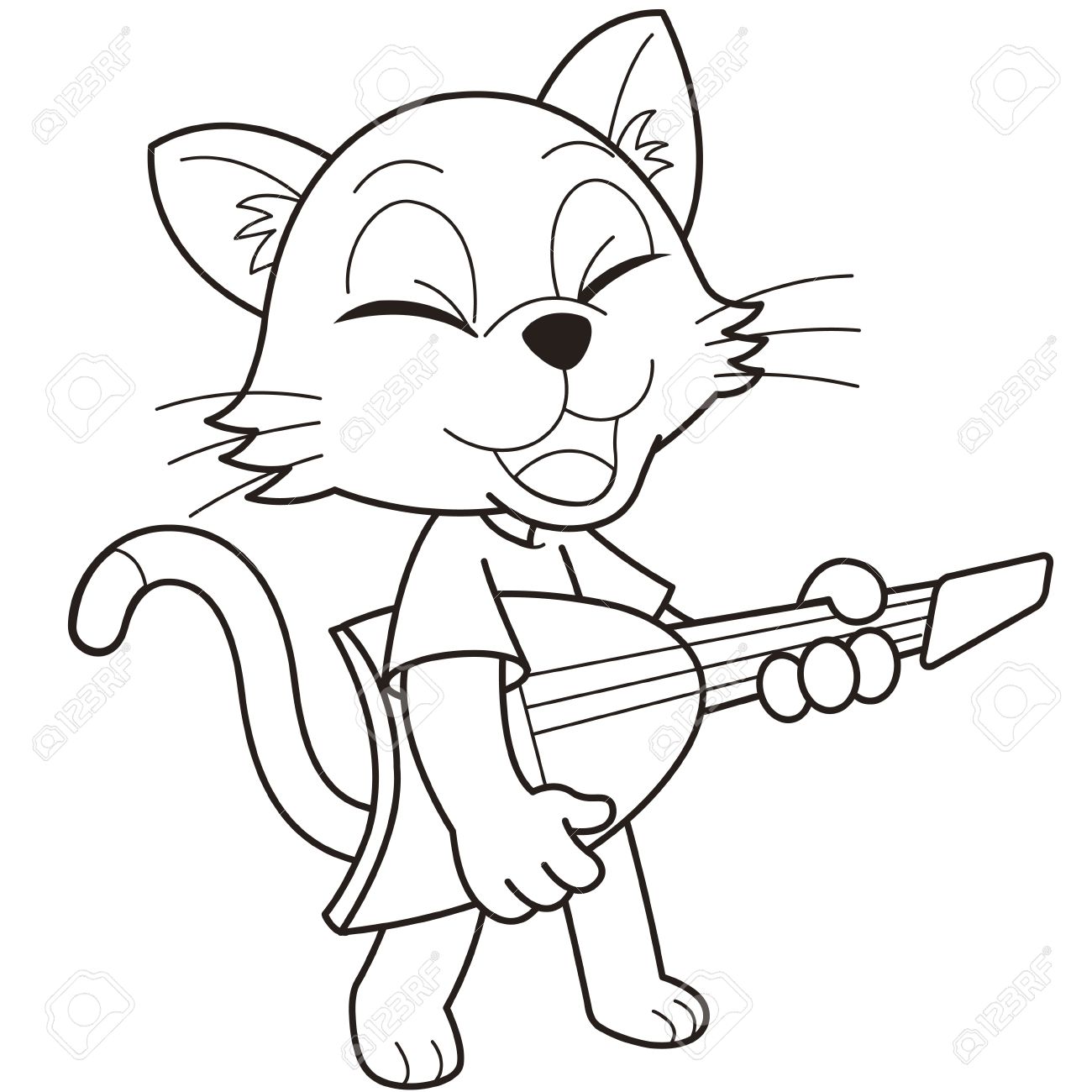 1300x1300 Cartoon Cat Playing An Electric Guitar Black And White Royalty
