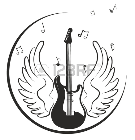 436x450 Electric Guitar Drawing With Wings And Notes. Royalty Free