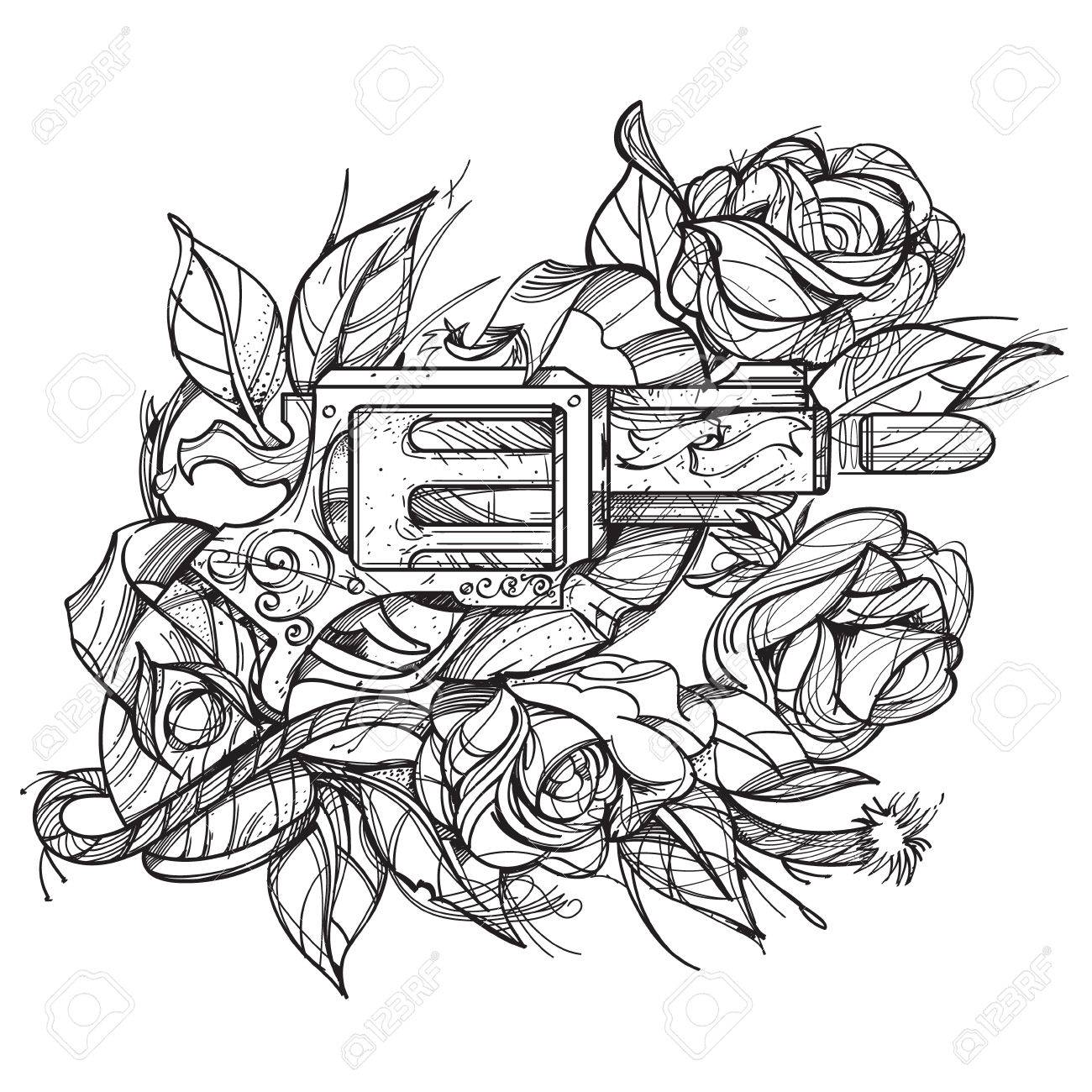 1300x1300 Gun And Roses Tattoo Hand Drawing Style. Picture For Coloring