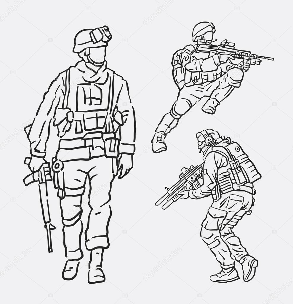 989x1024 Soldier Army Action Hand Drawing Stock Vector Cundrawan703
