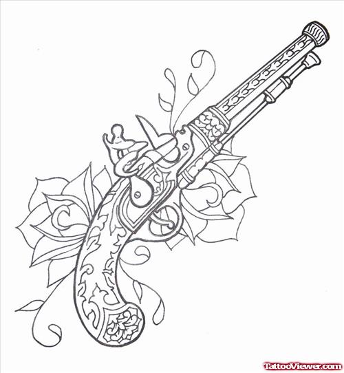 500x542 Outline Rose Flowers And Gun Tattoo Design Tattoo