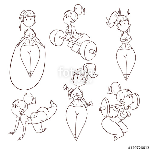 500x500 Line Drawing Vector Illustration Of A Cute Cartoon Fitness Girl