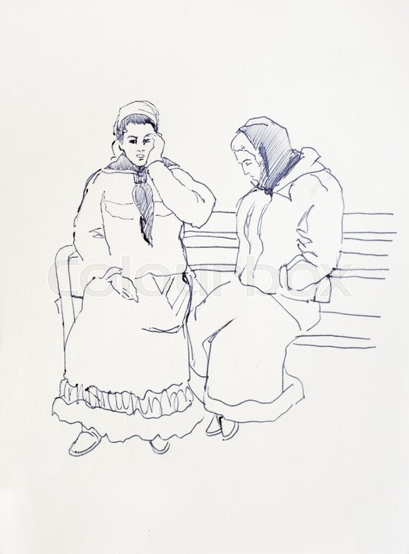 591x800 Sketch Drawing Of Two Romani Women Sitting On The Bench, Gypsy