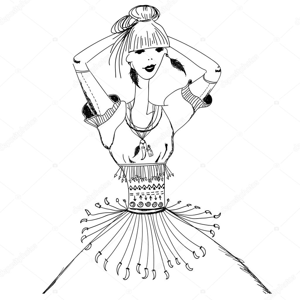 1024x1024 Sketch Girl In Tribal Dress. Boho And Gypsy Style. Linear Pattern