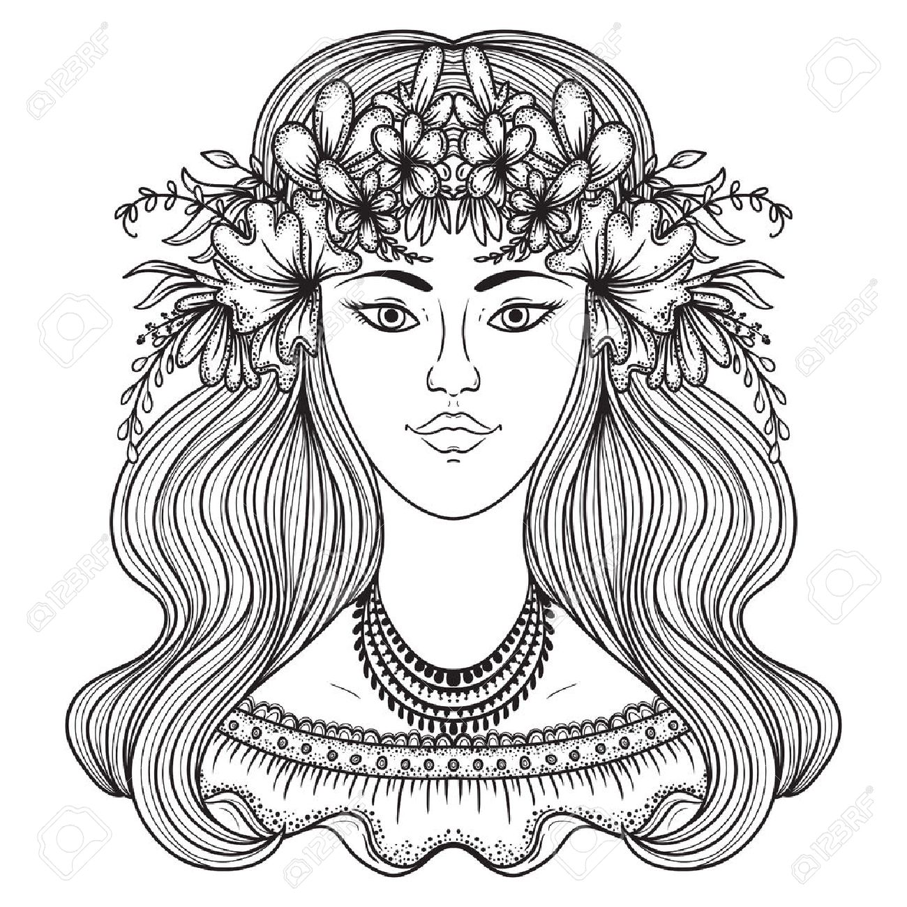 1300x1300 Portrait Of Gypsy Woman With Flower Around Head. Boho Style