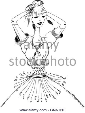 300x397 Sketch Of Girl In Gypsy Dress. Boho Style. Linear Pattern On