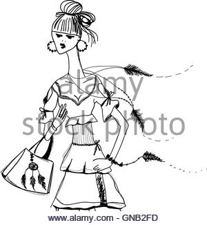 300x325 Sketch Of Woman In Historical Dress, Writing Quill Pen Stock Photo