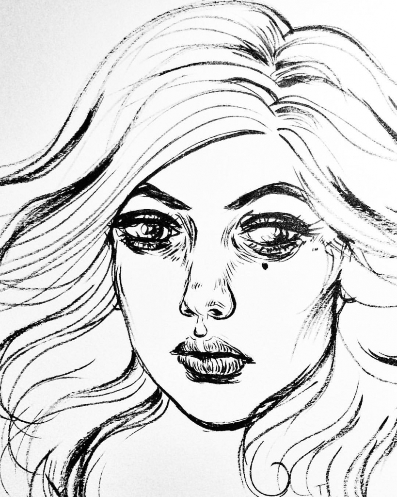 819x1024 Ink And Pen Drawing Face Tansy Art Wind In The Hair Ink Pen