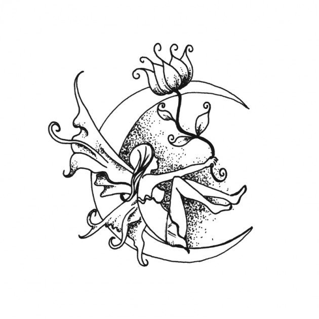 630x630 Dotwork Fairy On Half Moon With Flower Tattoo Design