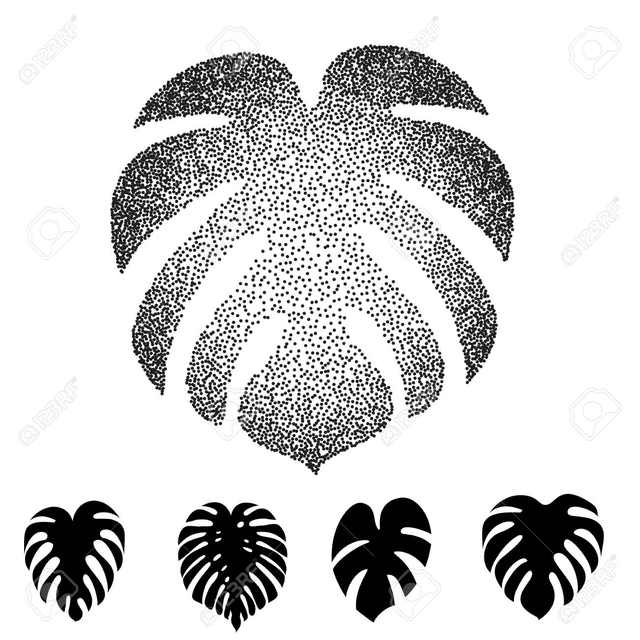 1300x1300 Halftone Dotted Monstera Leaf Vector Illustration. Exotic Tropical