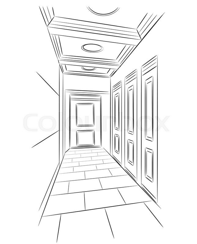 645x800 Sketch Of Hall. Hand Drawn Interior Illustration Stock Vector
