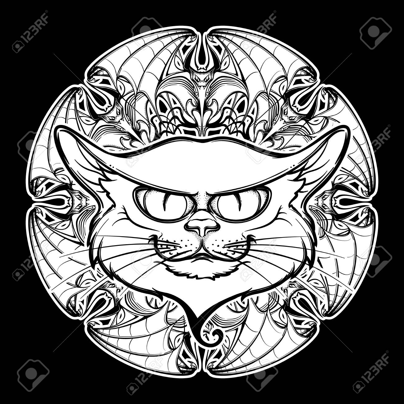 1300x1300 Halloween Illustration With Black Cat Head On Circular Ornament