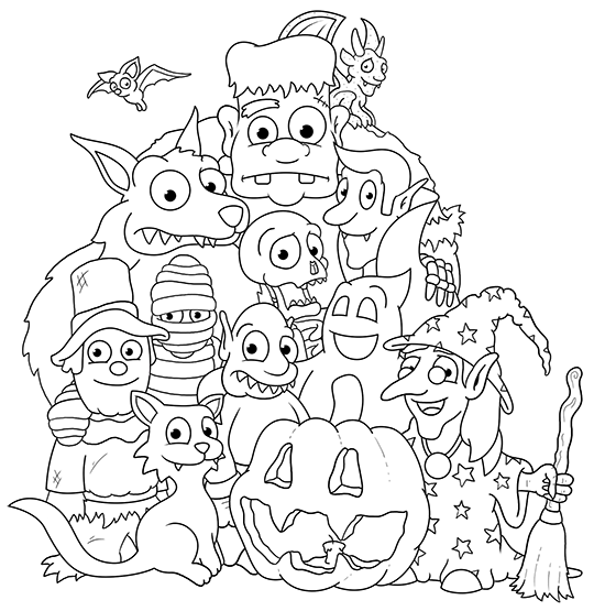 540x555 Halloween Cartoon Characters Group Drawing Lesson