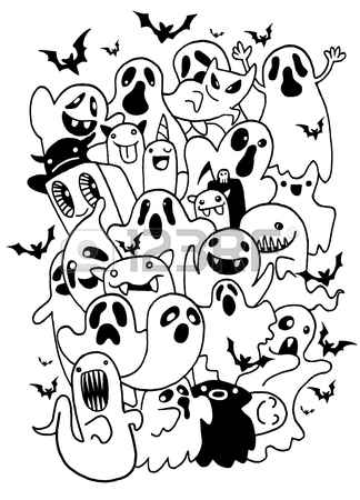 324x450 Set Of Cute Ghosts In The Cemetery For Halloween. Drawing By