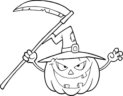 480x375 Scary Halloween Pumpkin With A Witch Hat And Scythe Coloring Page