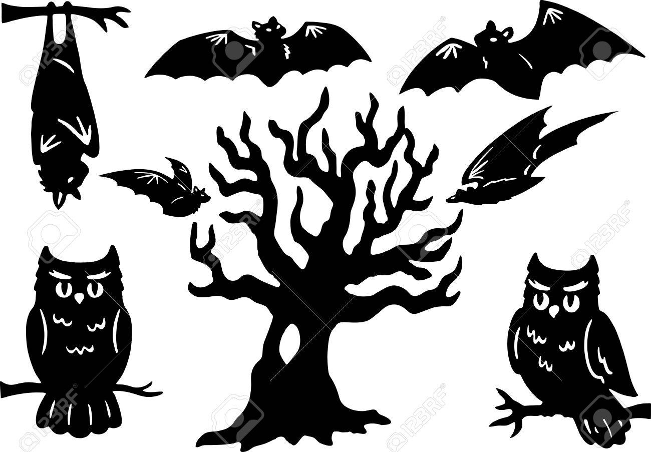 1300x903 Halloween Silhouettes With Owl, Bats, And Tree Royalty Free