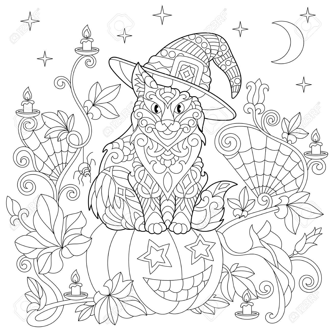 1300x1300 Halloween Coloring Page. Cat In A Hat, Halloween Pumpkin, Spider