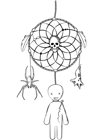 339x480 Halloween Dreamcatcher With Voodoo Doll And Spider Coloring Page