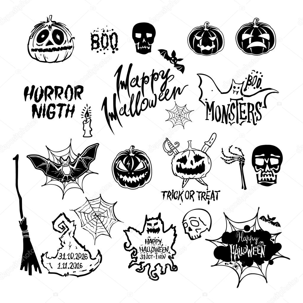1024x1024 Vector Halloween Set, Drawn Halloween Symbols Pumpkin, Broom, Bat