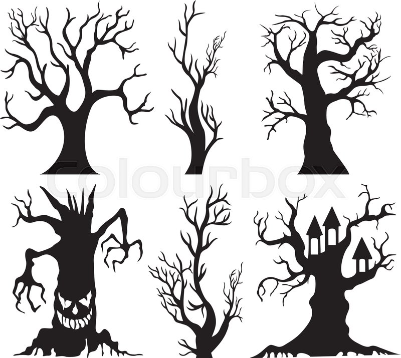 800x715 Vector Illustration Of Set Of Spooky Halloween Tree Cartoon