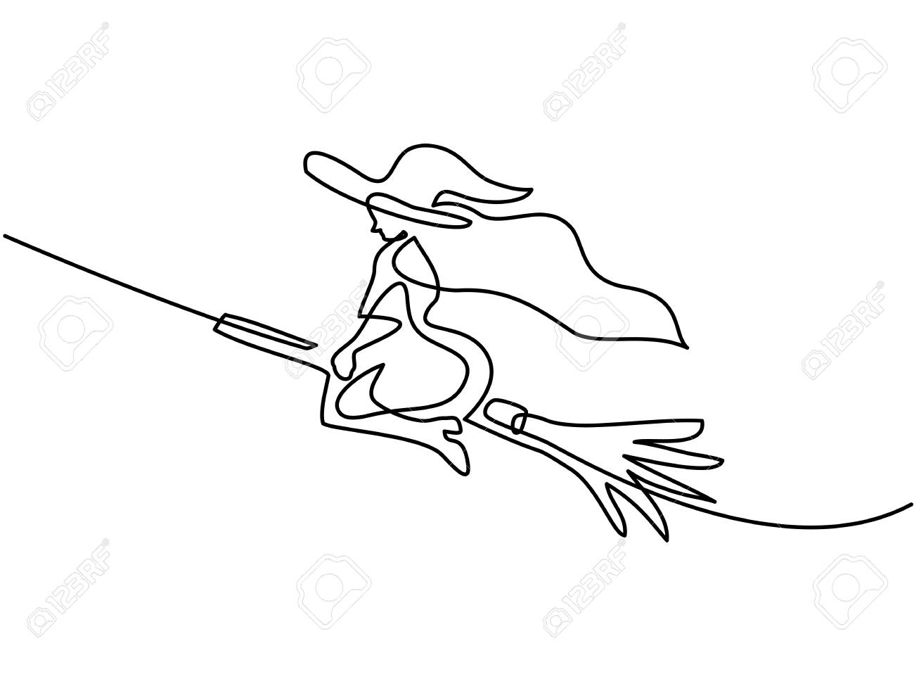 1300x975 Continuous Line Drawing Of Black Halloween Witch On Broom. Vector