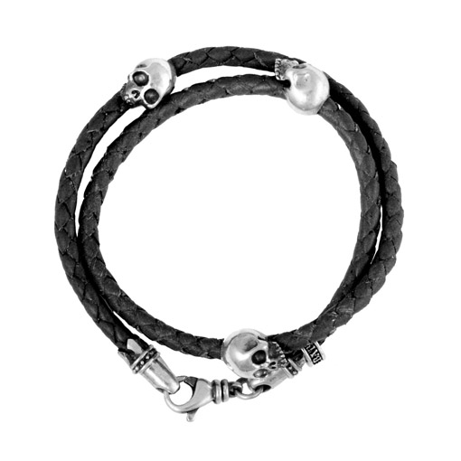510x510 Double Wrap Black Leather Bracelet With Three Hamlet Skulls