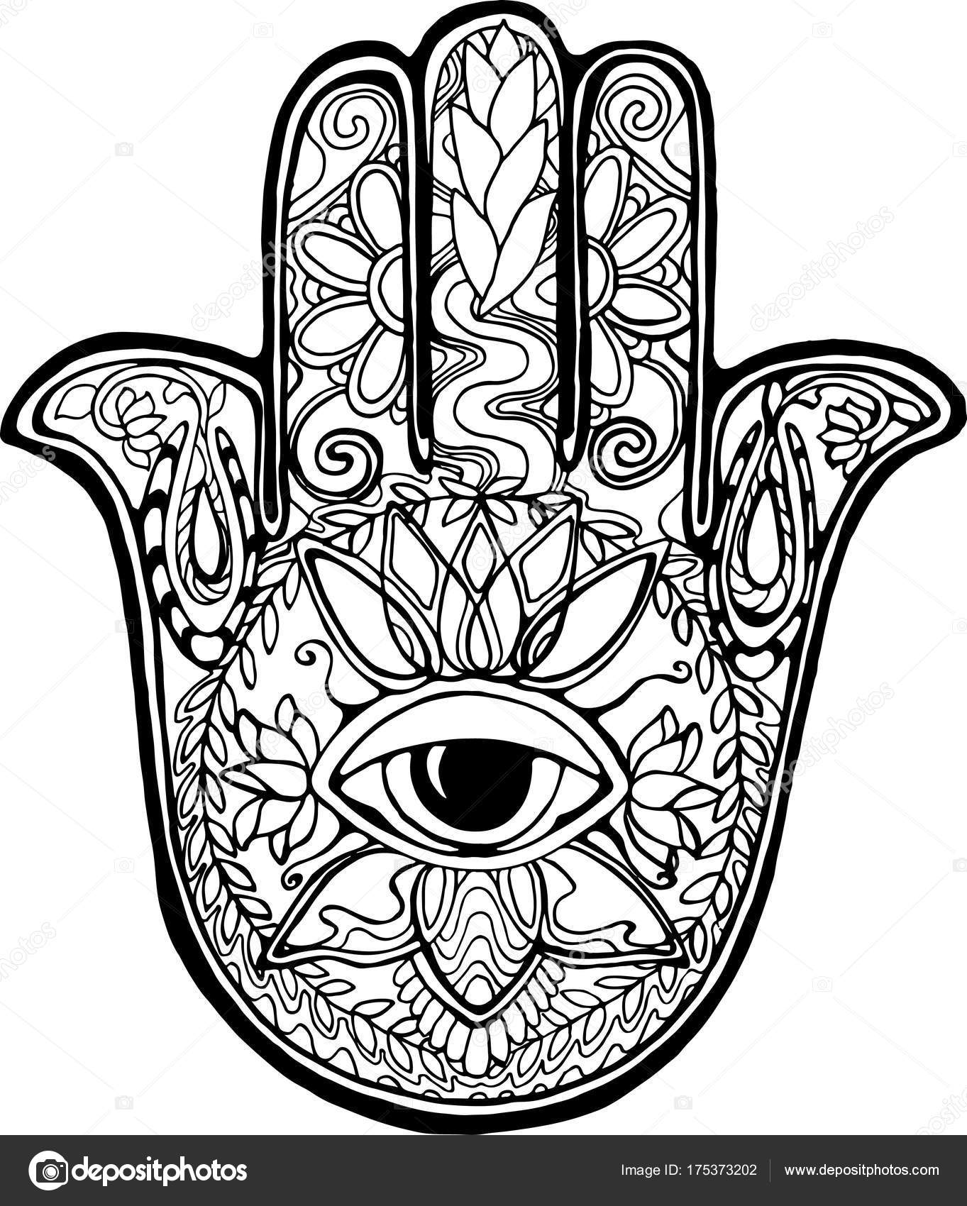 1363x1700 Illustration Of An Ancient Symbol Of Hamsa. Black And White Hand