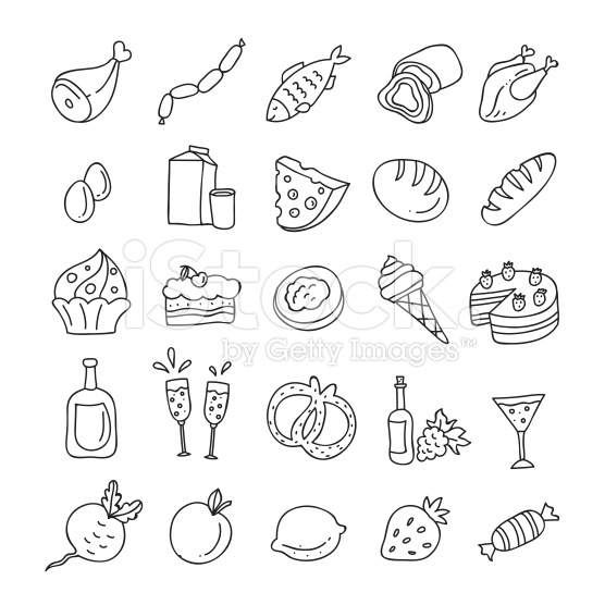 556x556 Vegetables, Fruit, Meat, Milk, Eggs, Sweets Hand Drawn, Outlines