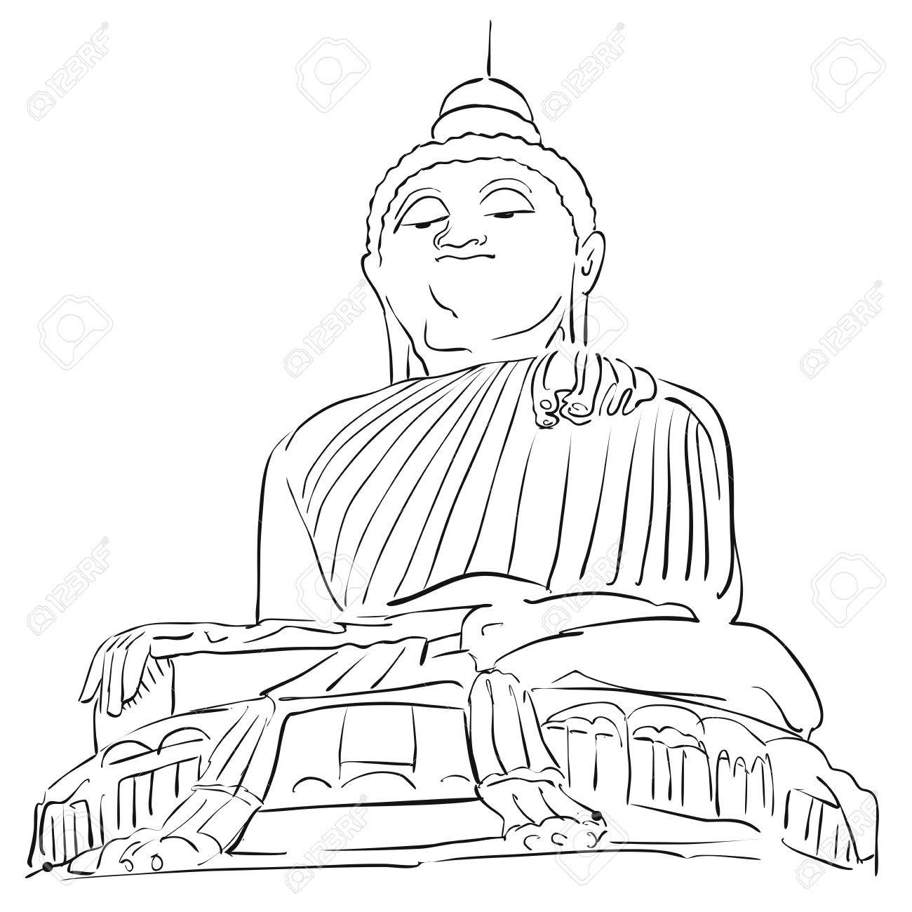 1300x1300 Big Buddha Phuket Outline Sketch, Famous Tourist Lansmark, Hand