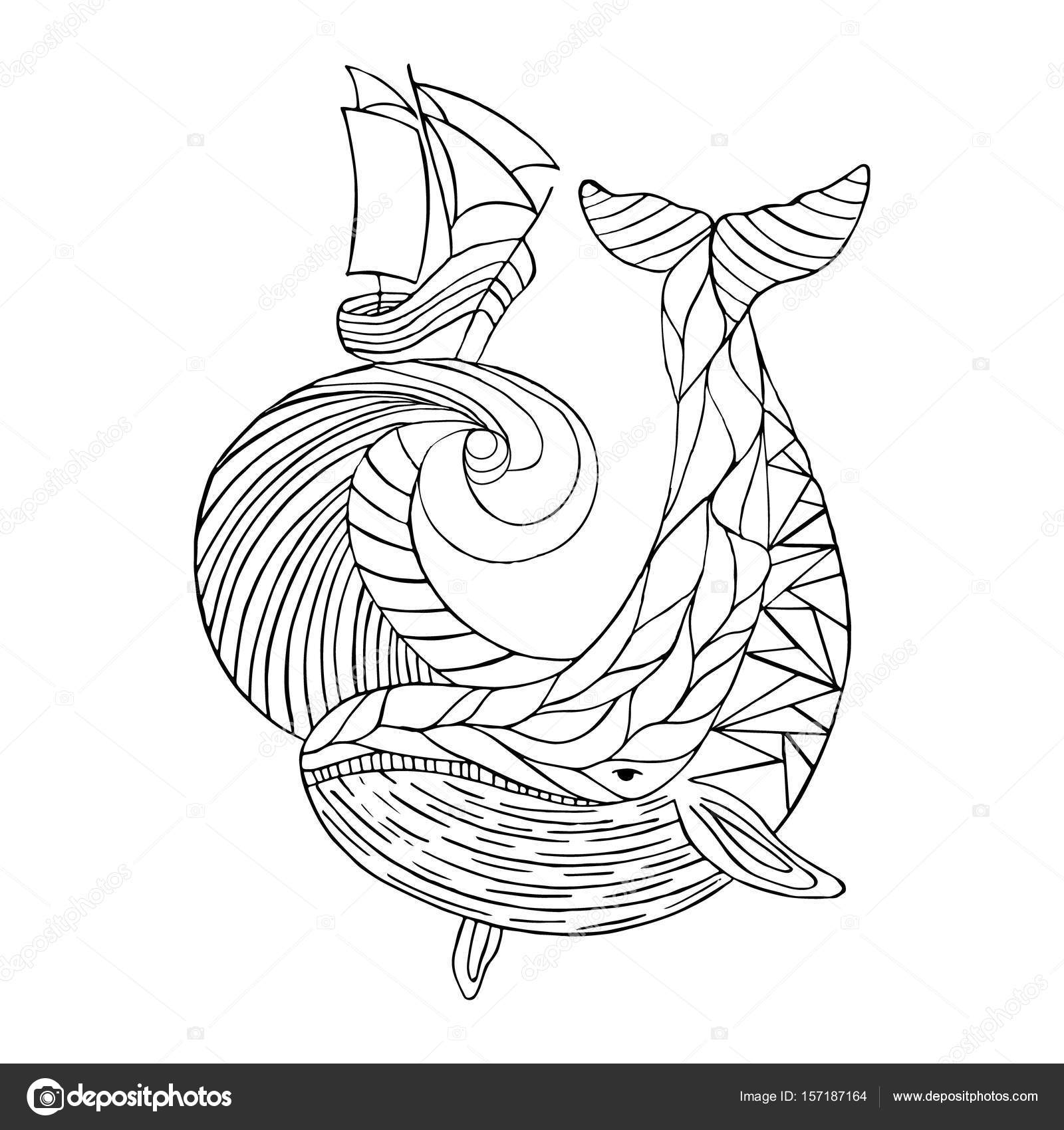 1600x1700 Sea Dudling, Drawing Hand Drawn Whale Wave, Vector Illustration