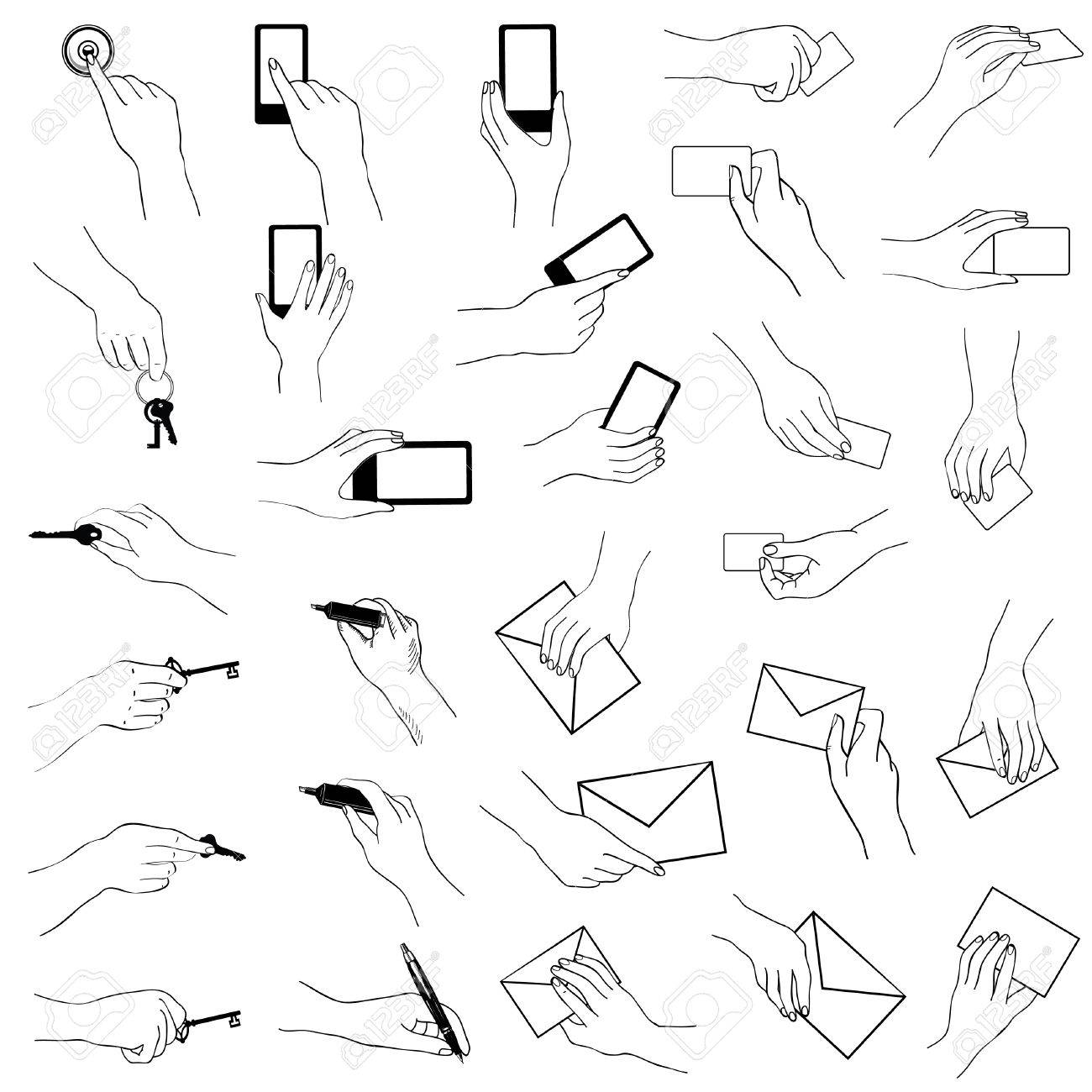 1300x1300 Hand Gestures Collection. Hands Holding Key, Phone, Card. Sketch