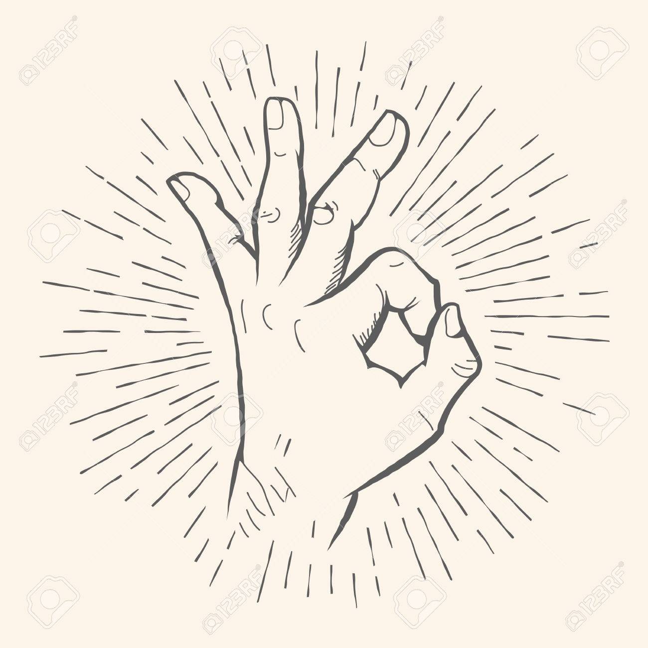 1300x1300 Vector Ok Hand Gesture. Allright Hand Drawn Sign. Vector Pencil