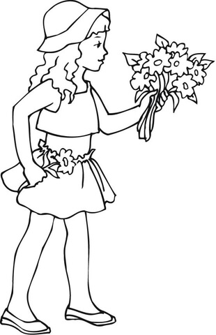 310x480 A Girl Holding A Bouquet Of Flowers Coloring Page Free Printable