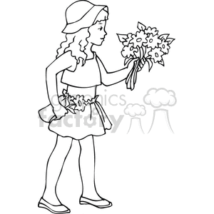 300x300 Royalty Free Black And White Outline Of A Girl Holding A Bouquet