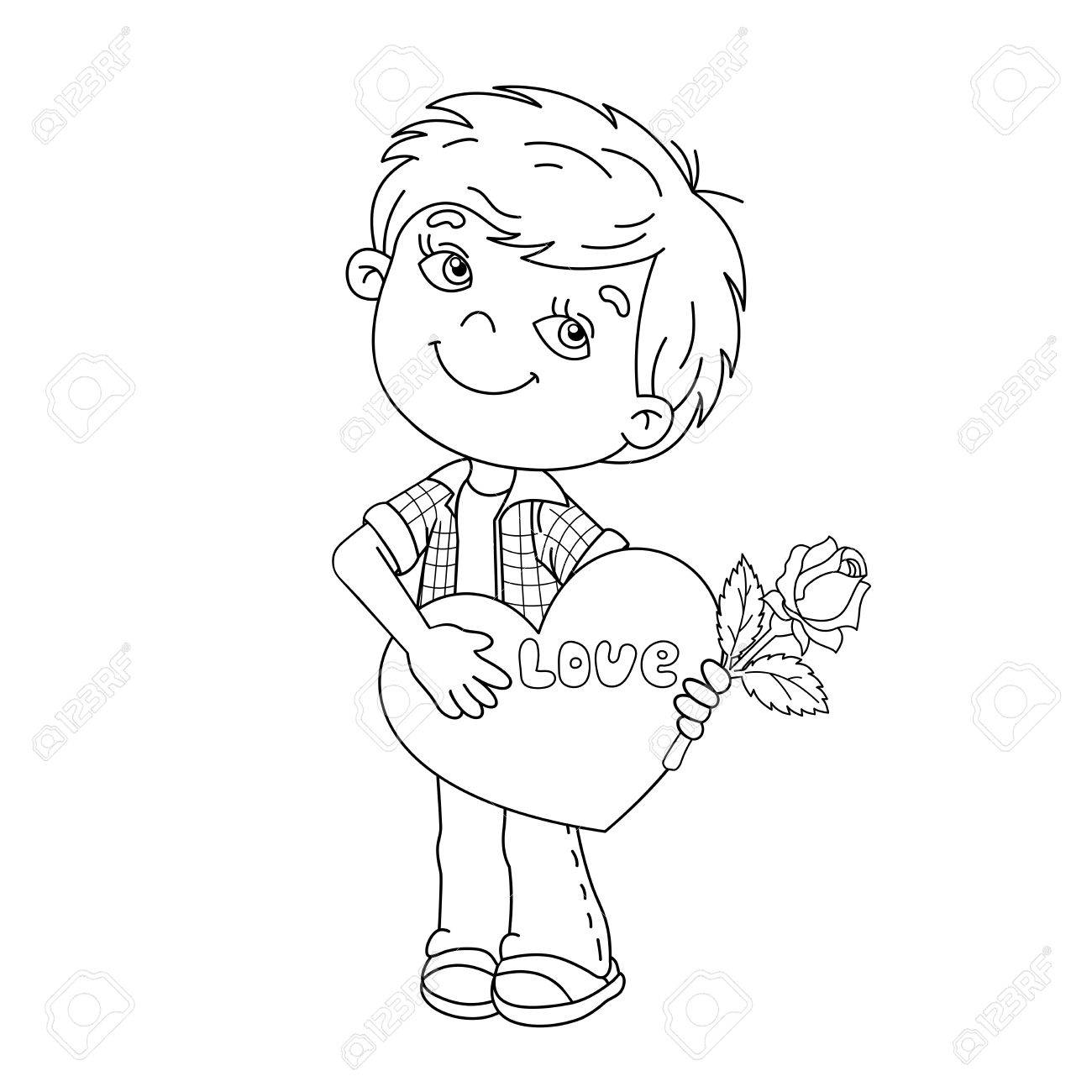 1300x1300 Coloring Page Outline Of Cartoon Boy With Rose In Hand With Heart